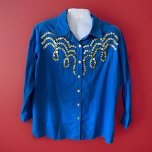 Bob Mackie Wearable Art Cotton Blend Blouse Top Cockney Button Motif Size 1X